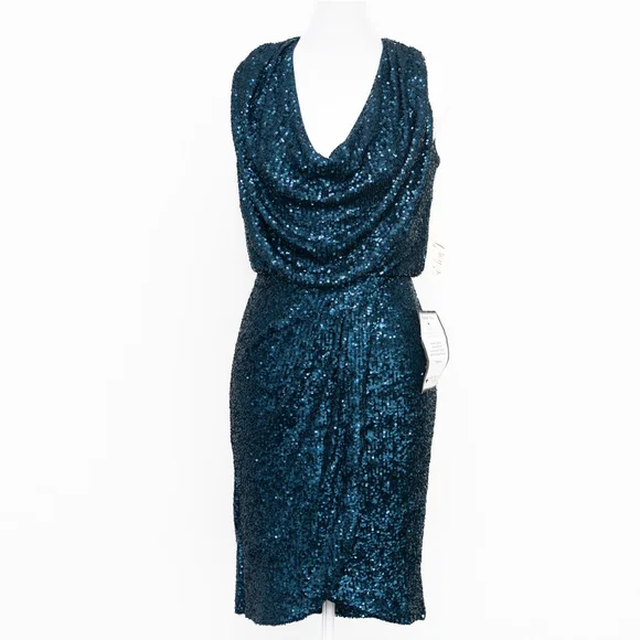 Eliza J Sequin Cowl Neck Sheath‎ Dress in Teal – NWT Size 2 - Picture 2 of 12